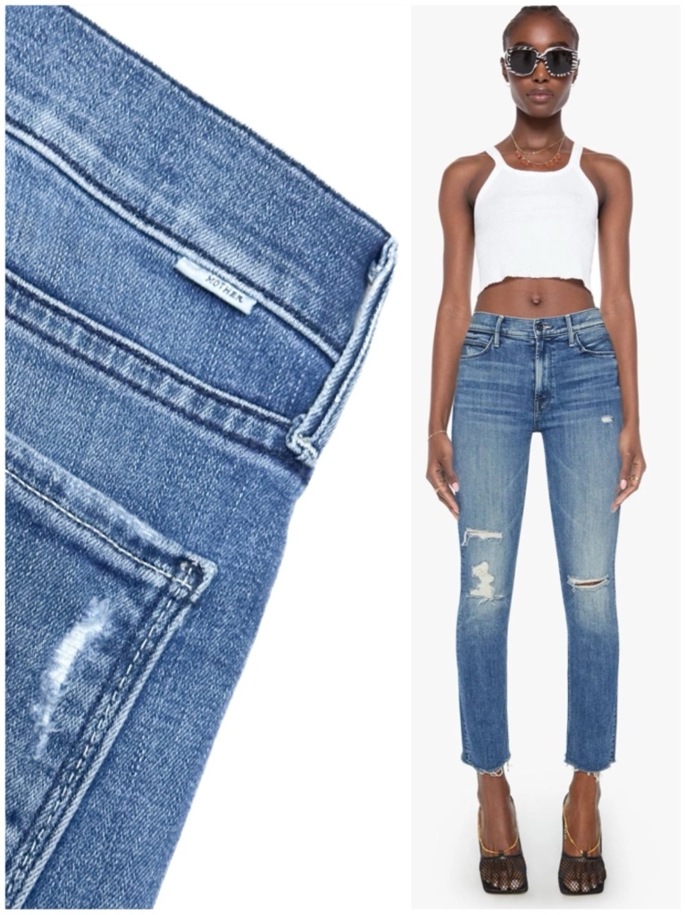 MOTHER Mid Rise Dazzler Ankle Fray Jeans Weekend Warrior Medium Blue Wash Denim